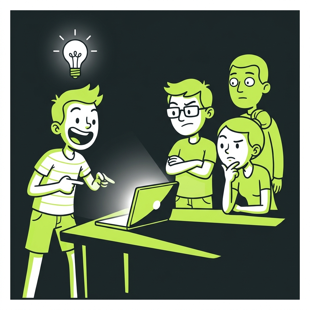 One excited character points at a laptop while others look skeptical